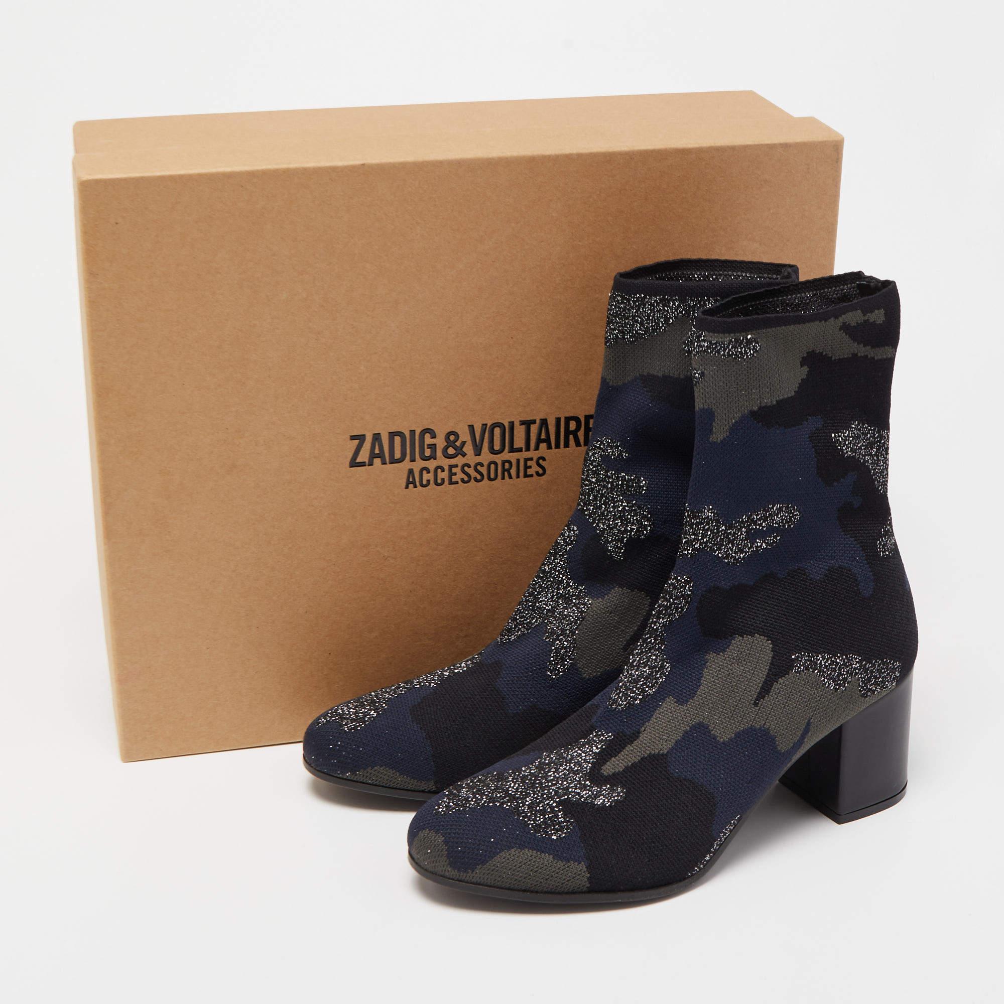 Zadig & Voltaire Blue/Black Camouflage Print Canvas Block Heel Ankle Length Boot 2