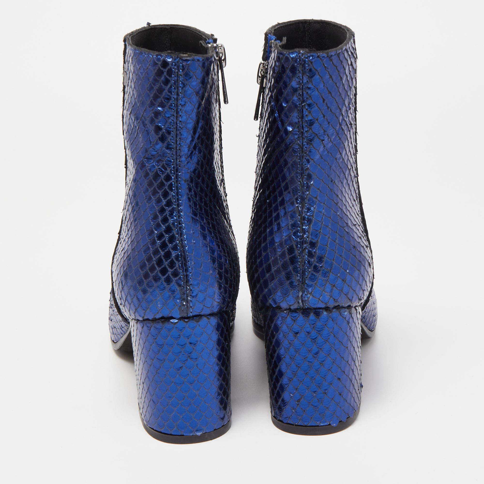 Women's Zadig & Voltaire Blue Python Embossed Leather Block Heel Ankle Booties Size 36 For Sale