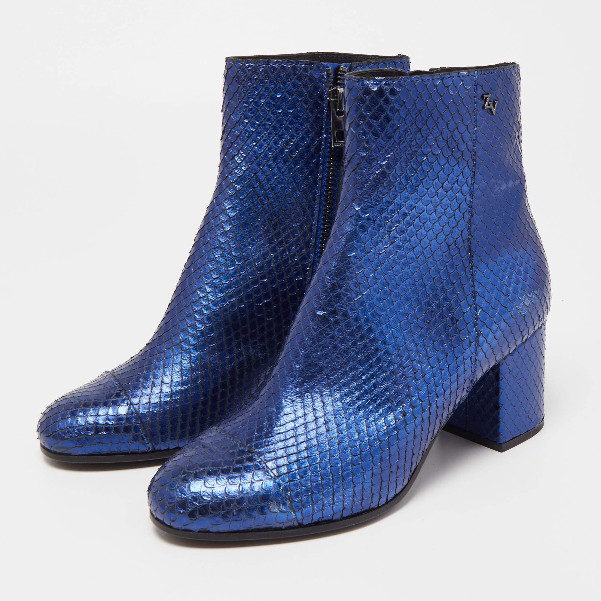 Zadig & Voltaire Blue Python Embossed Leather Block Heel Ankle Booties Size 36 For Sale 1