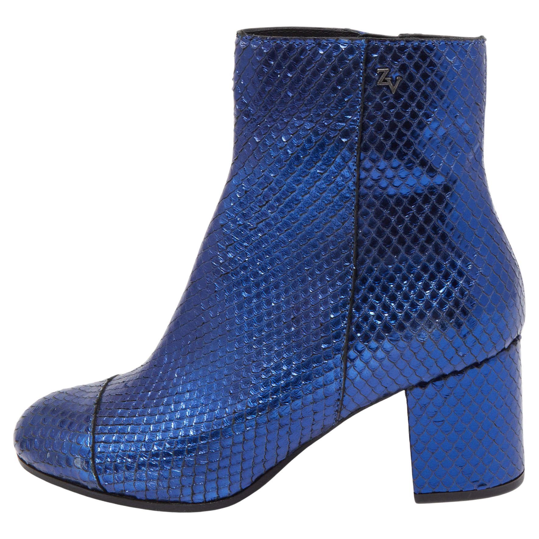Zadig & Voltaire Blue Python Embossed Leather Block Heel Ankle Booties Size 36 For Sale