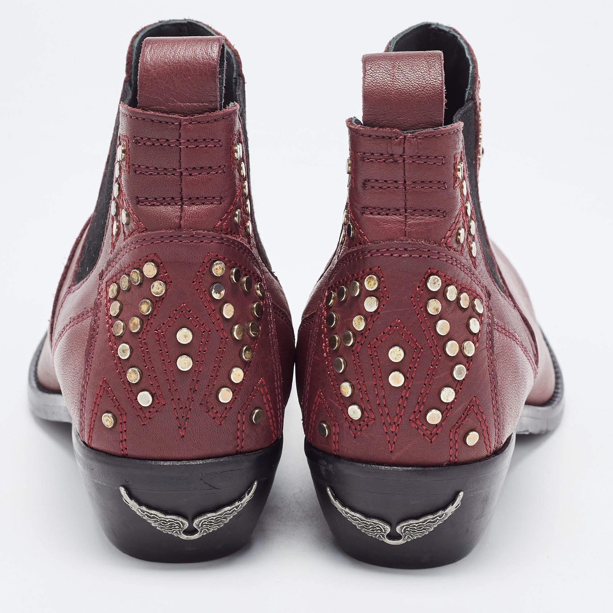 Zadig & Voltaire Burgundy Leather Ankle Boots Size 37 5