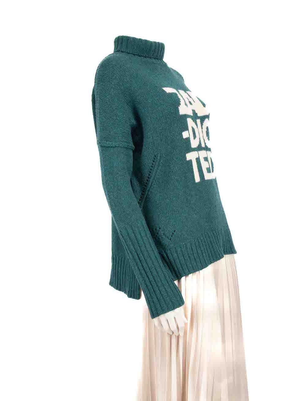 CONDITION is Very good. Minimal wear to the jumper is evident. Minimal discolouration to the front on this used Zadig & Voltaire designer resale item.
 
 
 
 Details
 
 
 Green
 
 Merino wool
 
 Knit jumper
 
 Turtleneck
 
 'Zaddicted' Knit front
 

