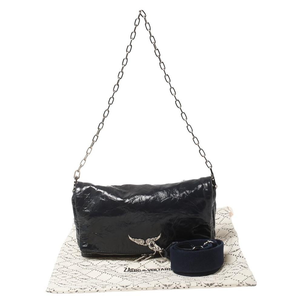 Zadig & Voltaire Navy Blue Crackled Patent Leather Rock Shoulder Bag 4