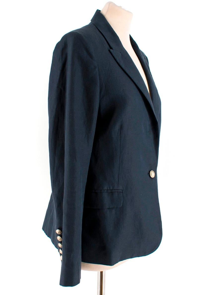 Zadig & Voltaire Navy Deluxe Blazer

- Navy Blue Deluxe Cotton and Linen Jacket
- Peak lapel
- Gold toned button fastening
- Gold toned sleeve buttons 
- Front flap pockets
- Black viscose lining 
- 50% Linen, 50% Cotton

Please note, these items