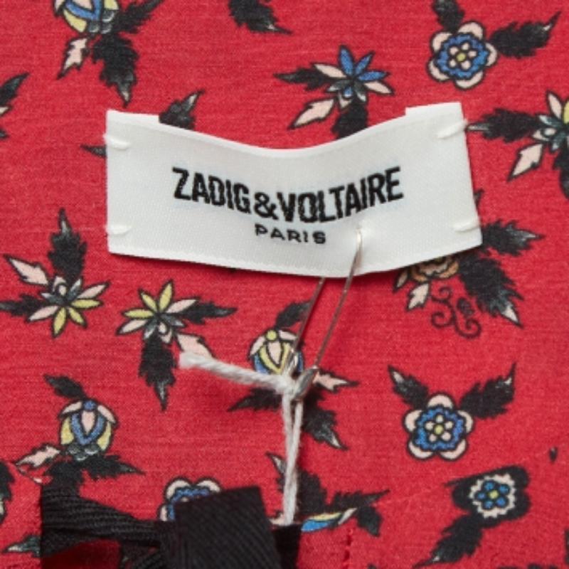 Rosso Zadig & Voltaire Mini Dress L in crepe con stampa floreale e collo a cravatta in vendita