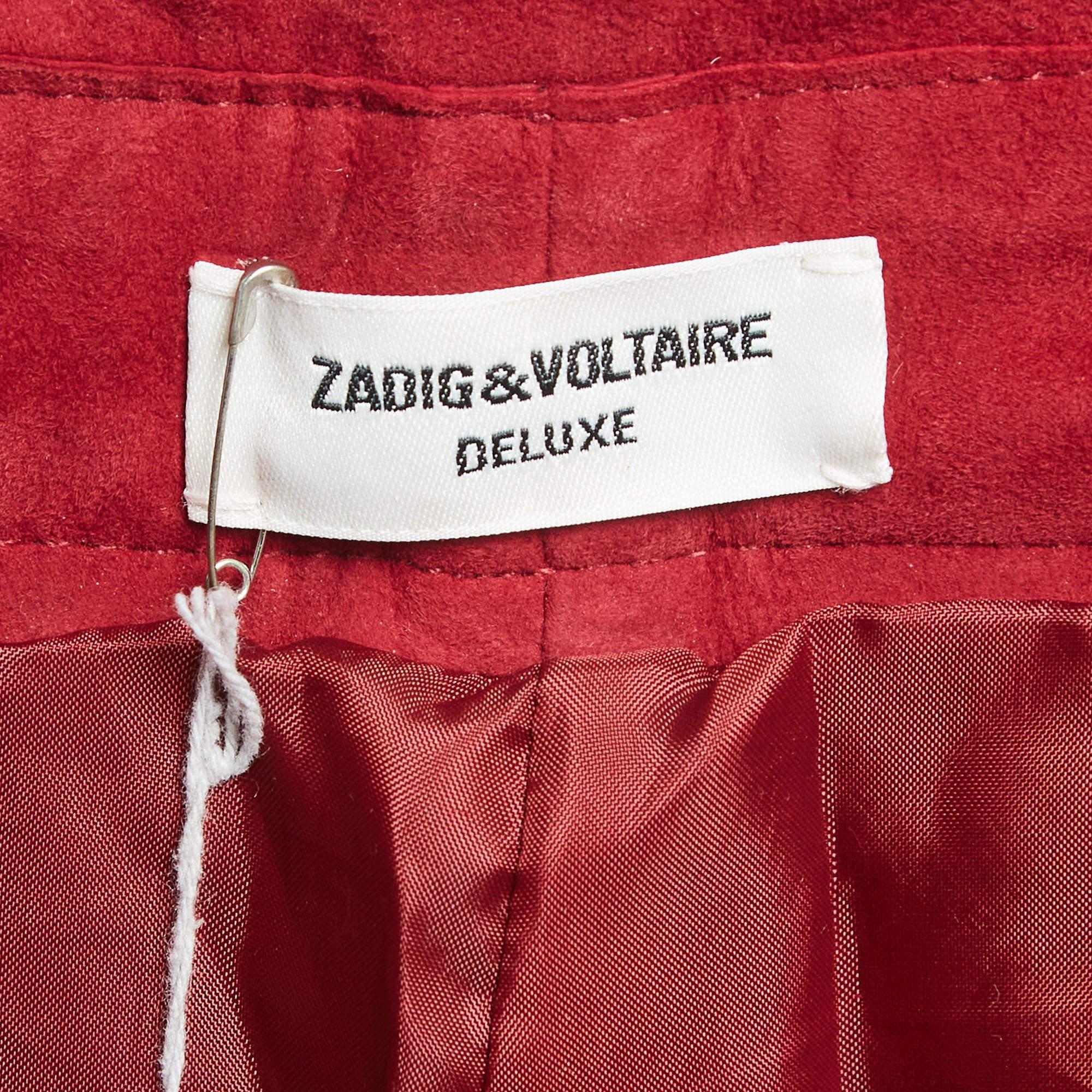 Zadig & Voltaire Red Suede Fringed Trousers S In Excellent Condition For Sale In Dubai, Al Qouz 2
