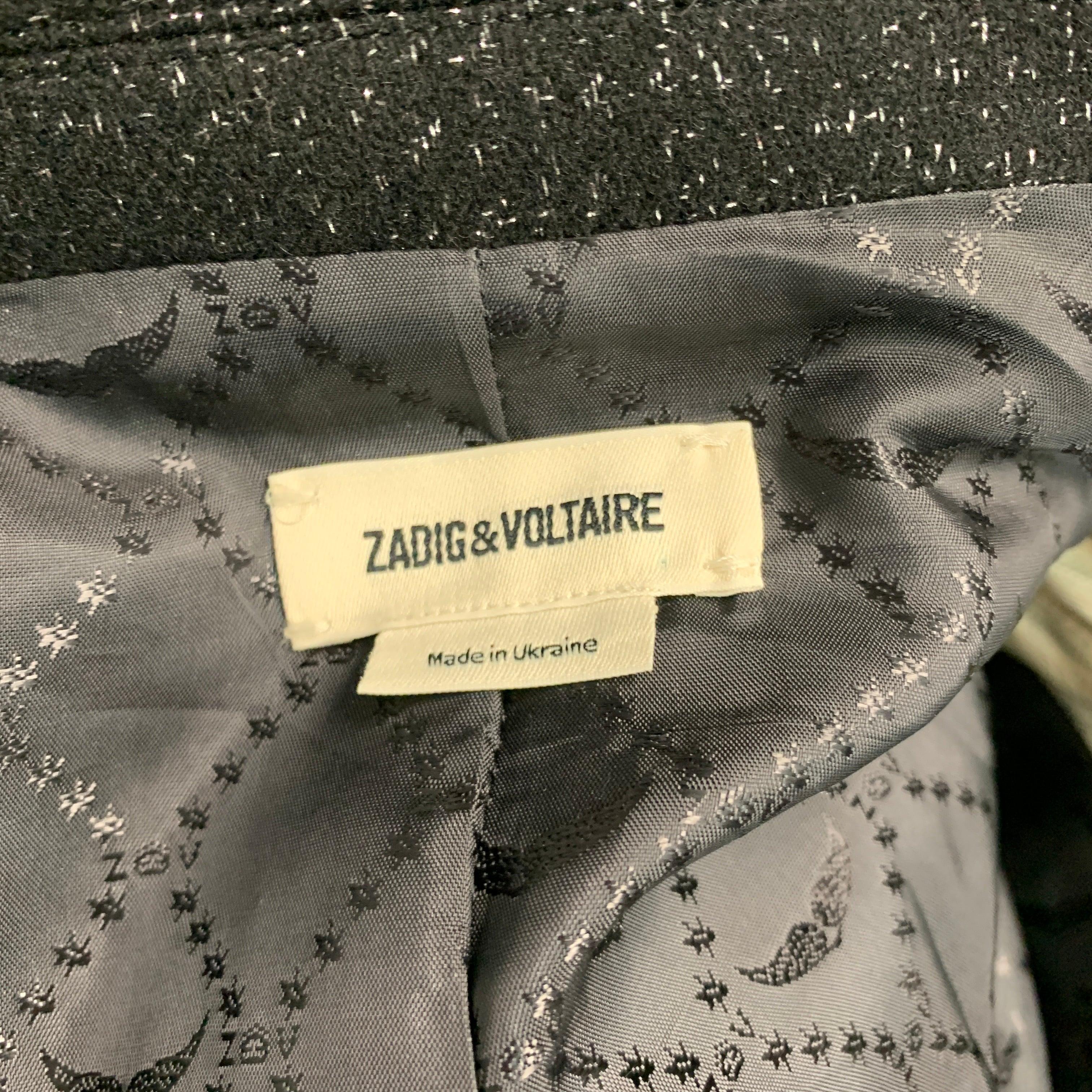 Women's ZADIG & VOLTAIRE Size 0 Black Silver Wool Blend Blazer For Sale