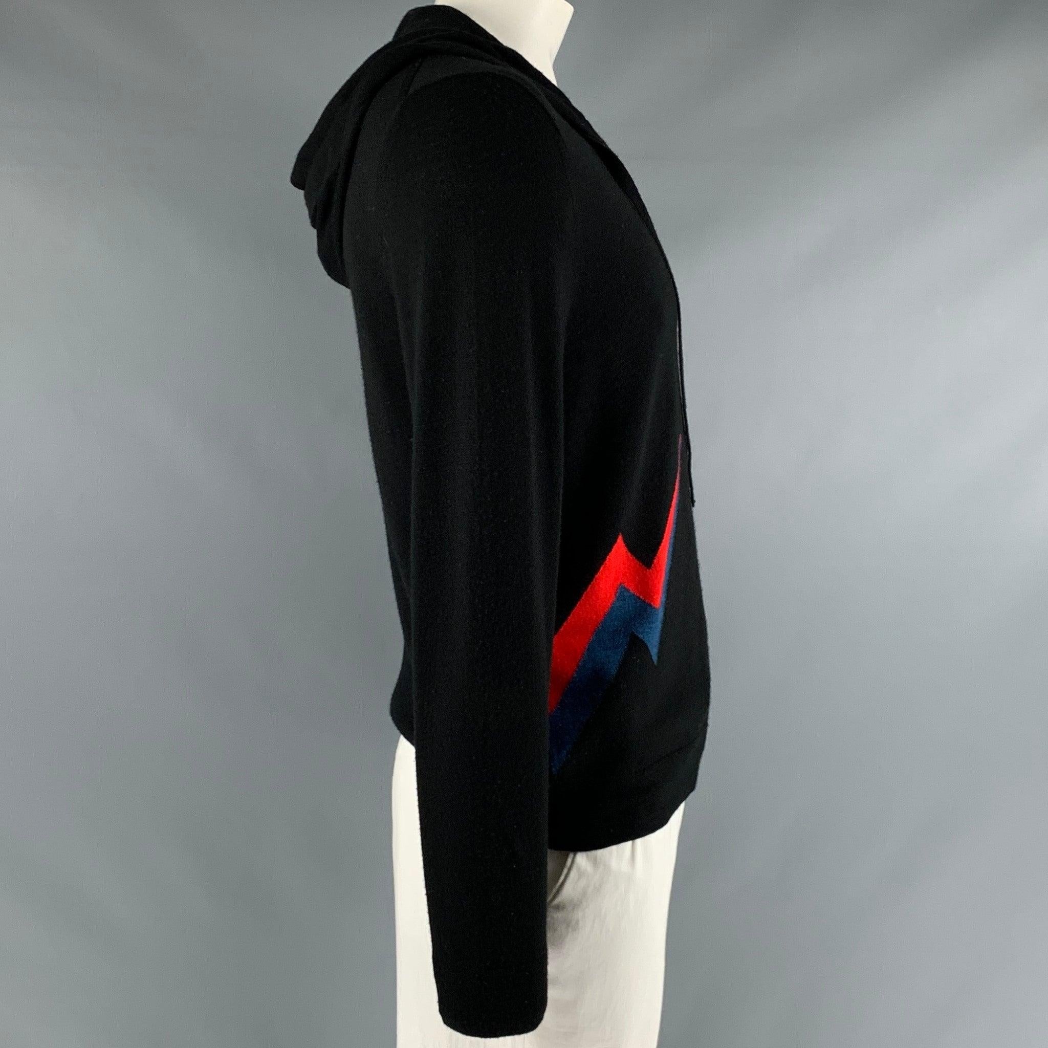Men's ZADIG & VOLTAIRE Size L Black Red  Blue Color Block Merino Wool Hoodie Cardigan For Sale