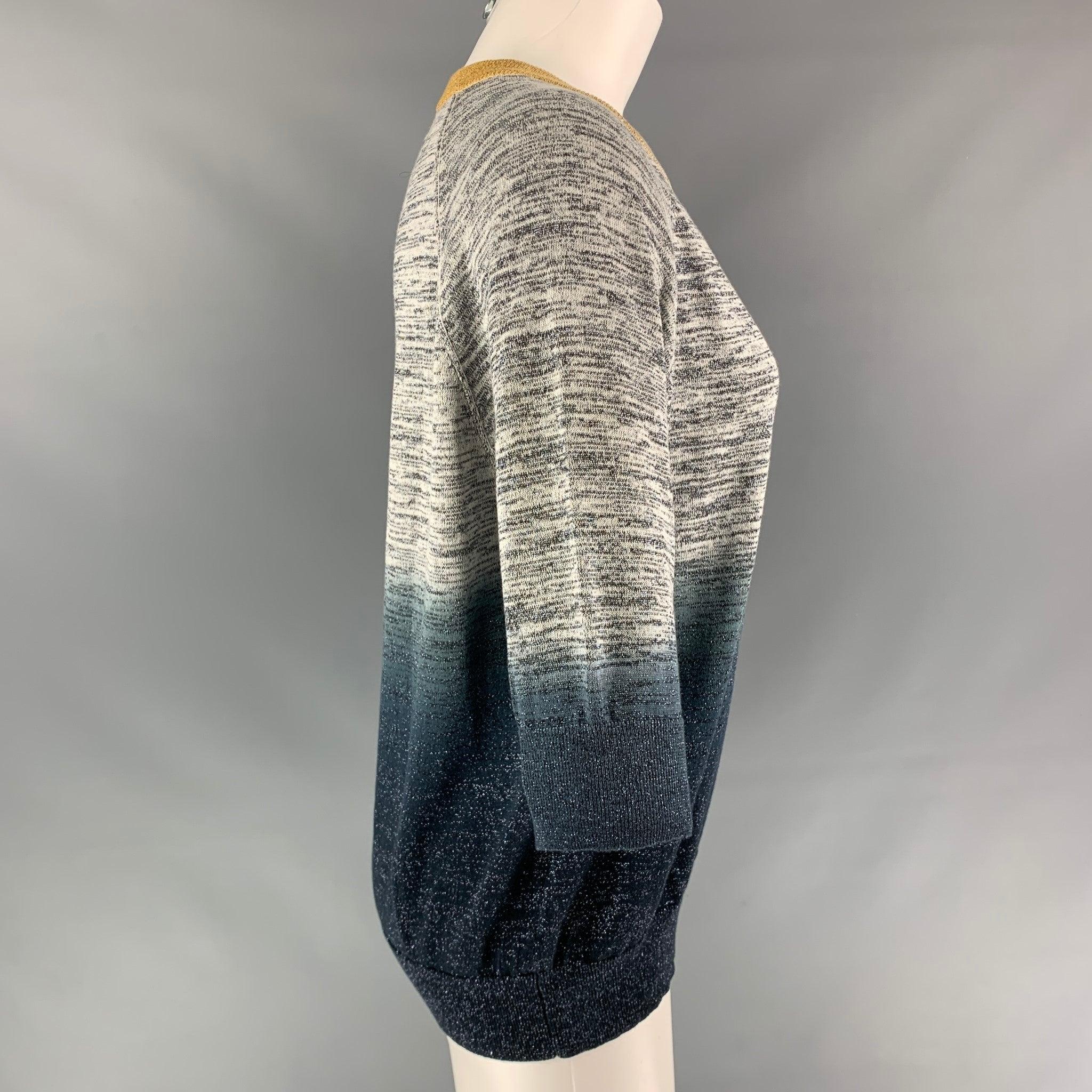 ZADIG & VOLTAIRE pullover comes in a blue & grey ombre cotton blend with a yellow trim collar featuring short sleeves and a asymmetrical buttoned closure.Very Good Pre-Owned Condition. 

Marked:   M 

Measurements: 
 
Shoulder: 17 inches  Bust: 40