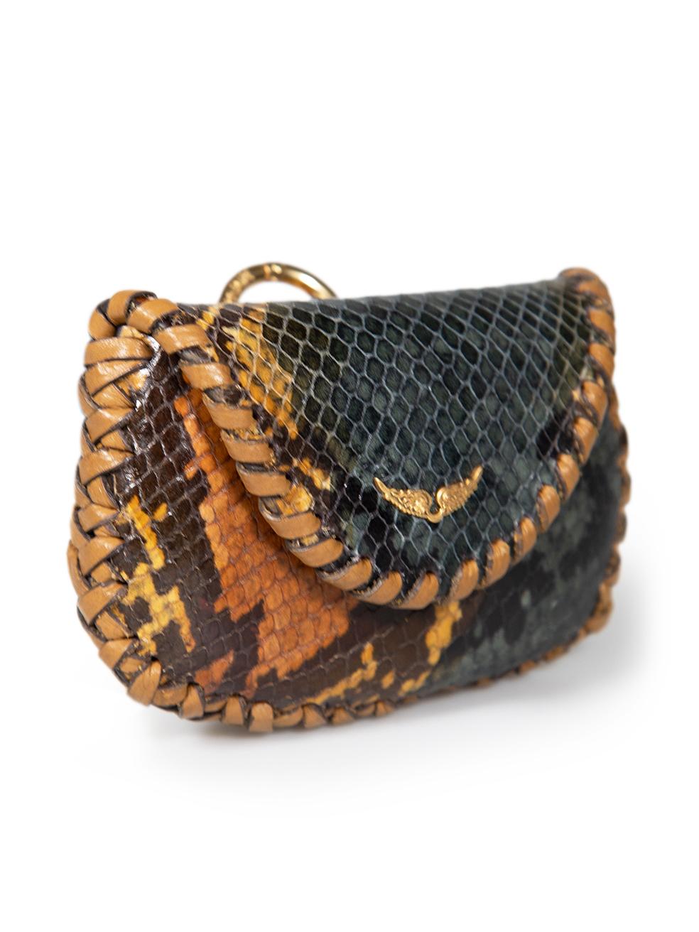 CONDITION is Very good. Hardly any visible wear to coin purse is evident on this used Zadig & Voltaire designer resale item. This item comes with original dust bag.
 
 
 
 Details
 
 
 Multicolour- black, brown
 
 Snakeskin
 
 Coin purse
 
 Flap