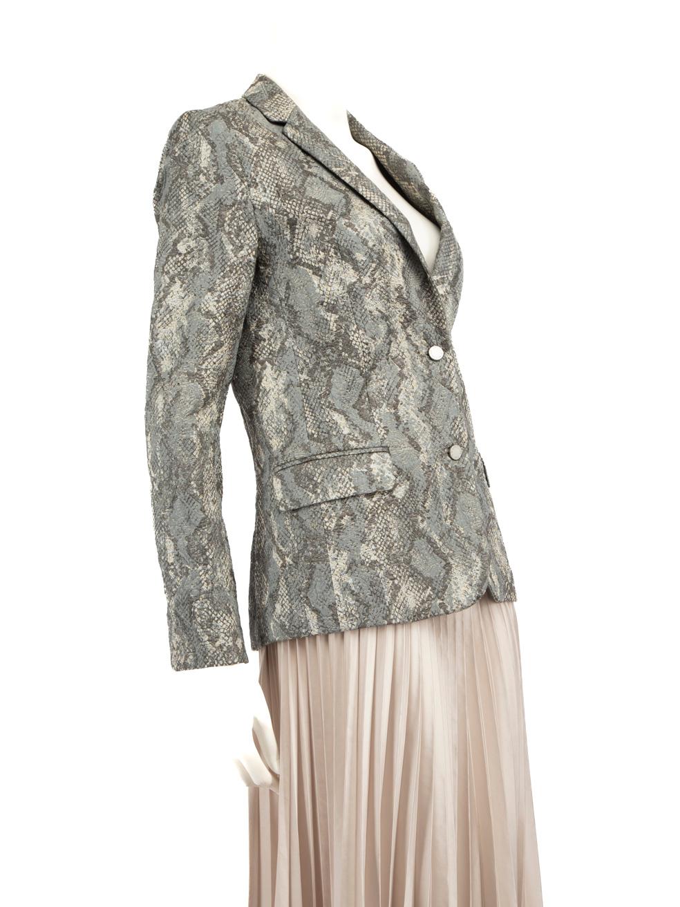 CONDITION is Very good. Hardly any visible wear to blazer is evident on this used Zadig & Voltaire Deluxe designer resale item.
 Details
 Grey
 Cotton
 Blazer
 Long sleeves
 Snakeskin pattern
 Mid length
 3x Front pockets
 V neck
 Front button
