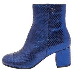 Zadiq & Voltaire Blue Python Embossed Leather Block Heel Ankle Booties Size 36