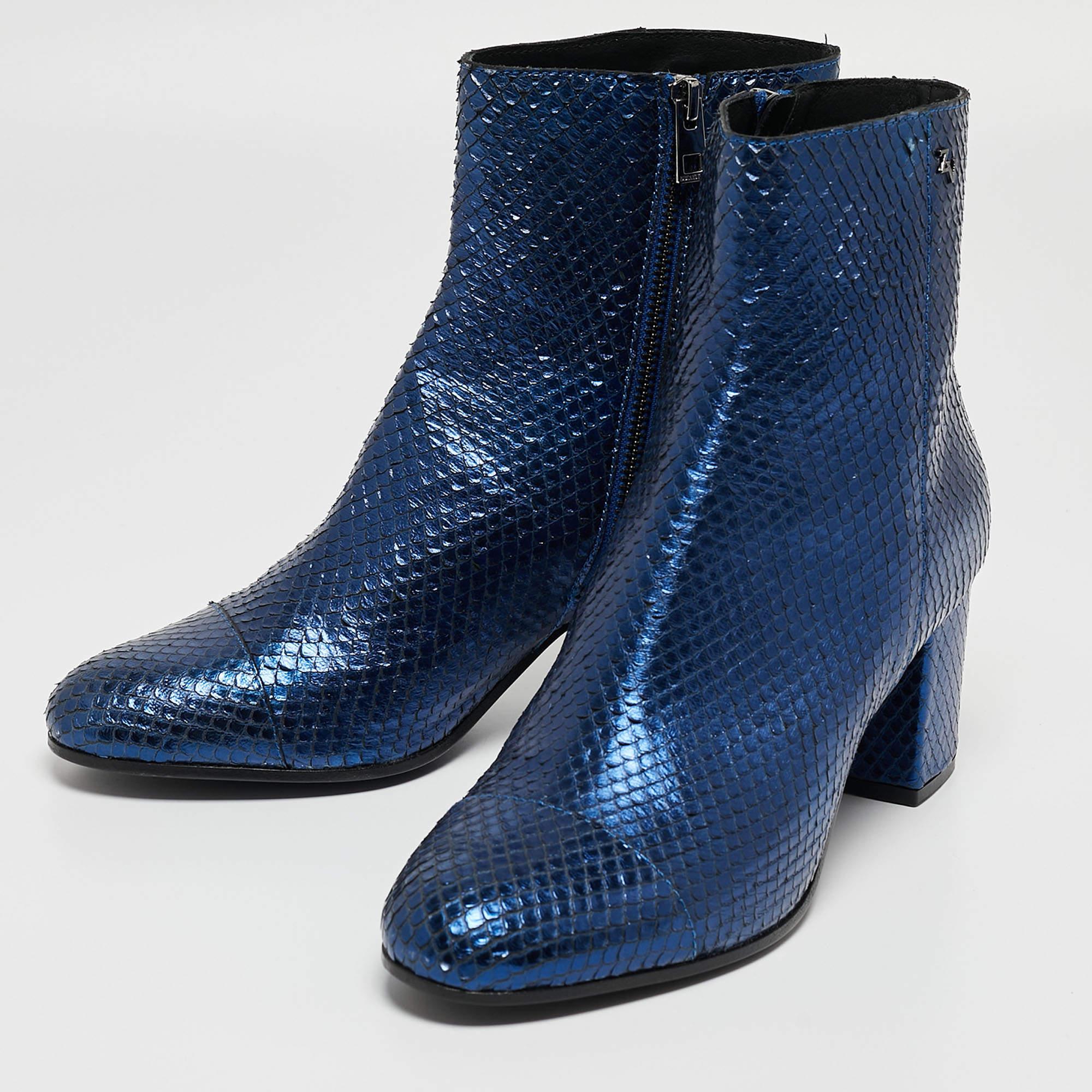 Zadiq & Voltaire Blue Python Embossed Leather Block Heel Ankle Boots Size 40 2