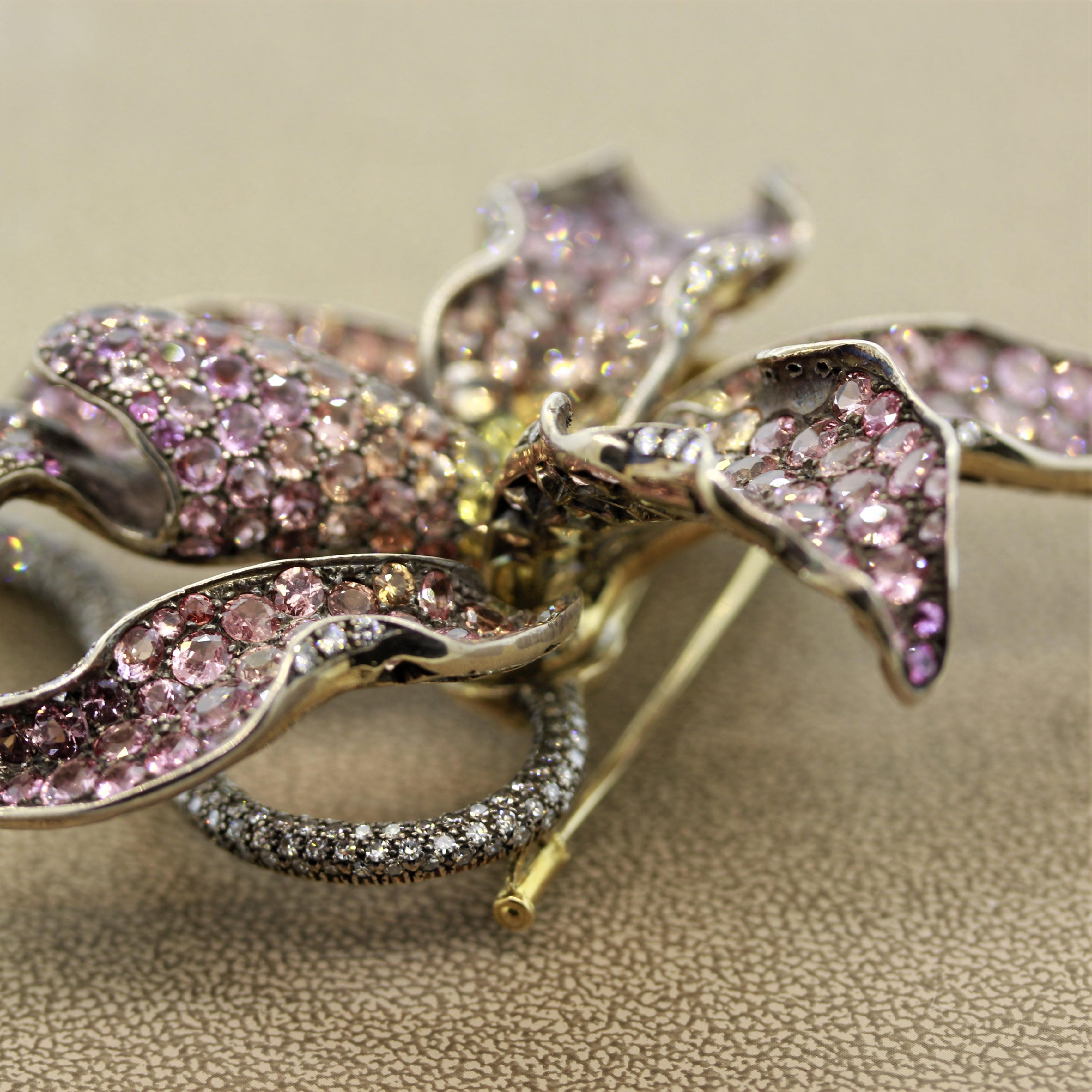 Zadora Padparadscha Sapphire Diamond Gold Orchid Brooch In New Condition For Sale In Beverly Hills, CA