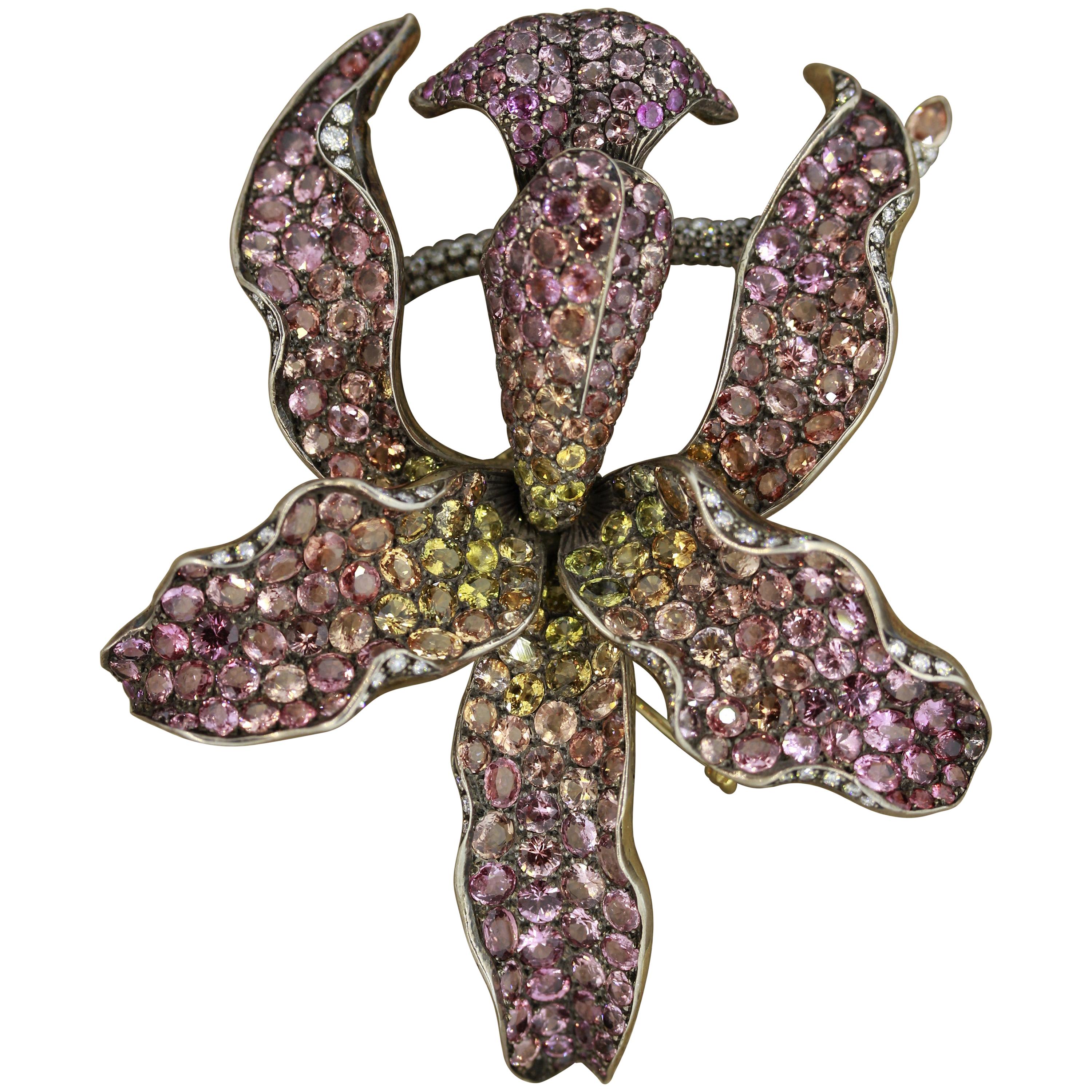 Zadora Padparadscha Sapphire Diamond Gold Orchid Brooch For Sale