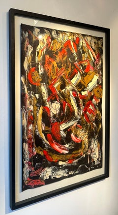 Large Contemporary Red & Black Modern Abstract With Frame By Z. Khokhar, 2012