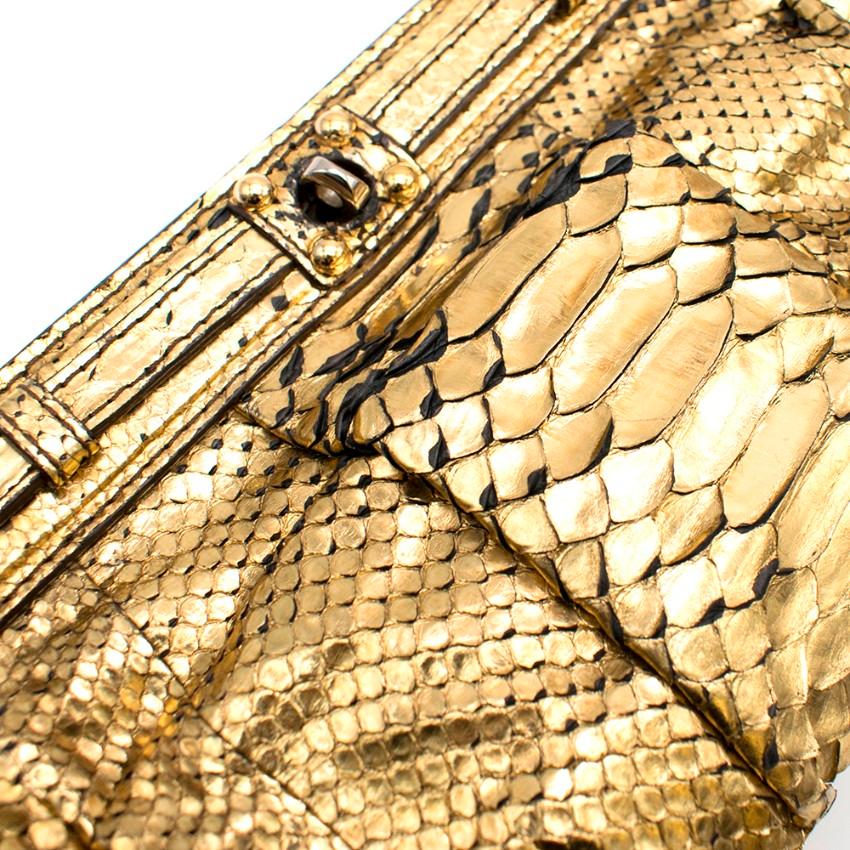 Brown Zagliani Gold Metallic Python Clutch 32cm For Sale