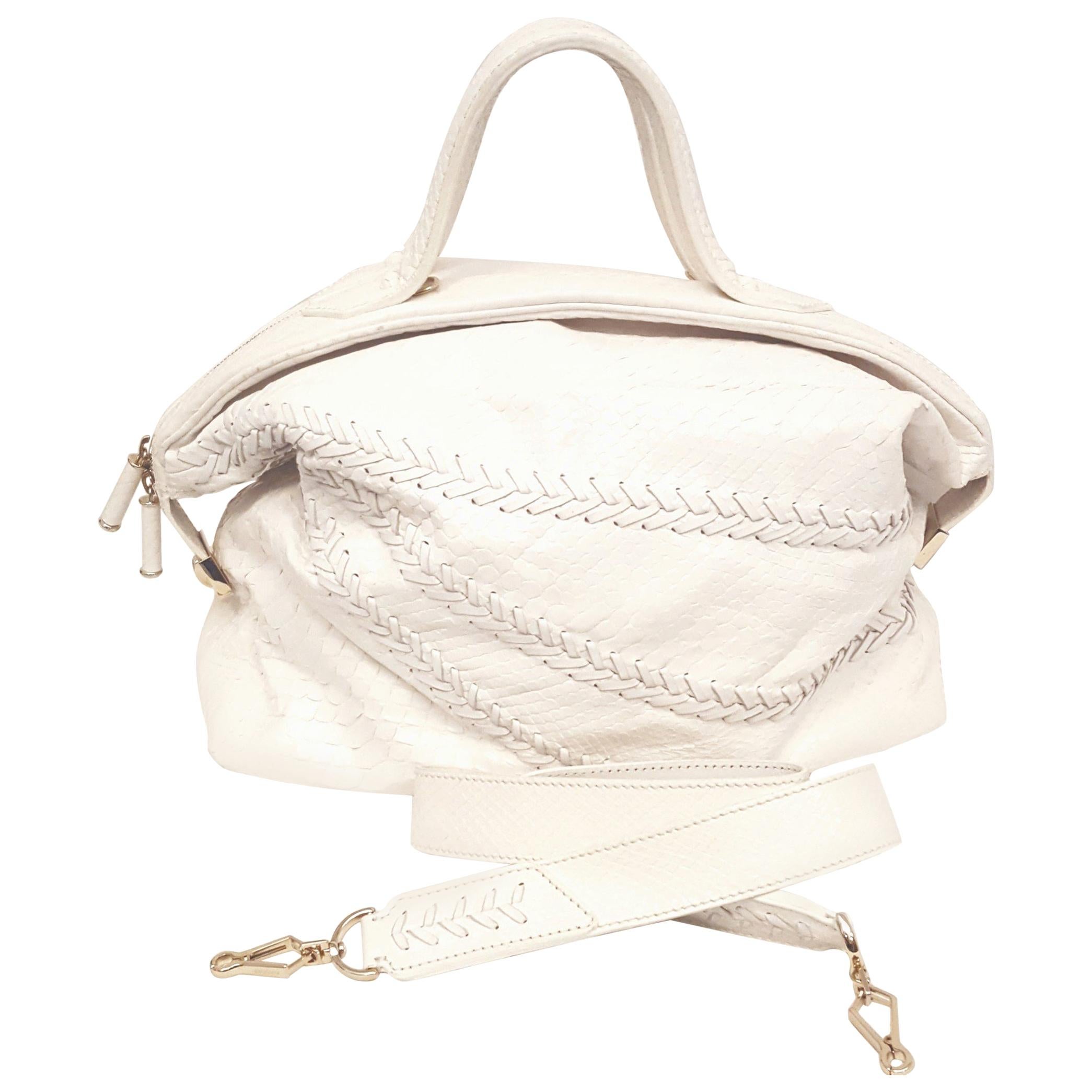 Zagliani Ivory Large Python and Leather Puffy Bag w/ Double Top Handles  For Sale