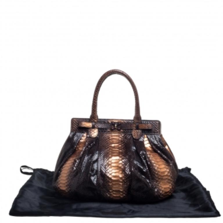 Zagliani Metallic Bronze/Brown Gold Python Puffy Hobo For Sale 5