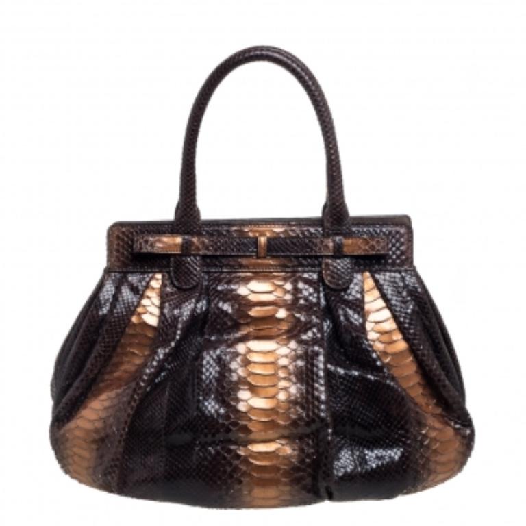 Zagliani Metallic Bronze/Brown Gold Python Puffy Hobo For Sale 1