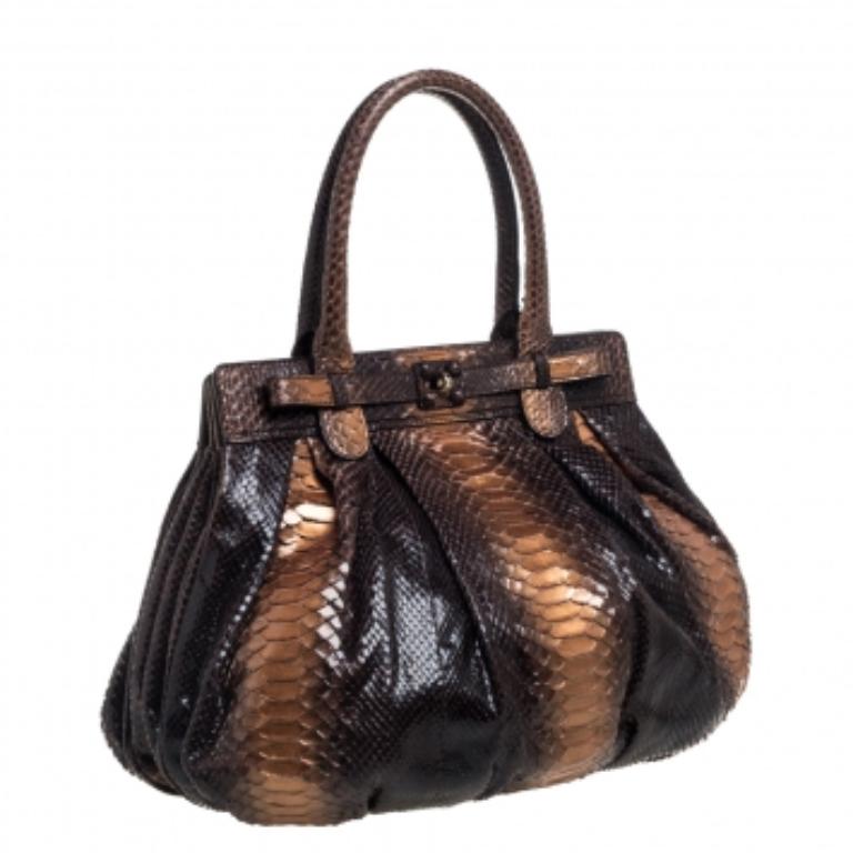 Zagliani Metallic Bronze/Brown Gold Python Puffy Hobo For Sale 3
