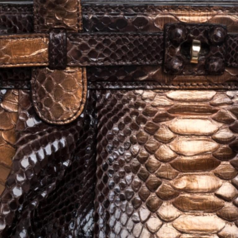 Zagliani Metallic Bronze/Brown Gold Python Puffy Hobo For Sale 4