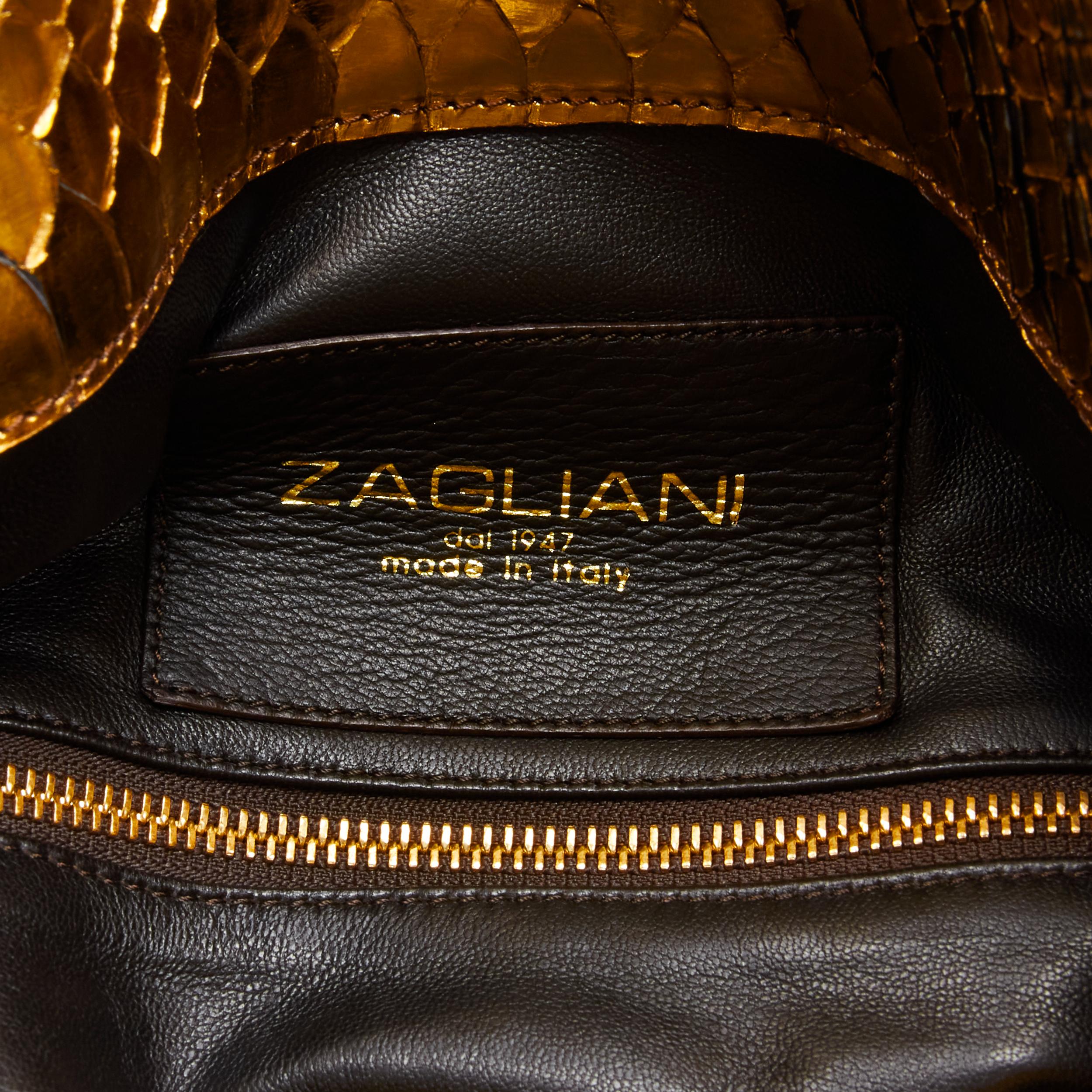 ZAGLIANI metallic gold scaled leather top handle duffel boston bag For Sale 3