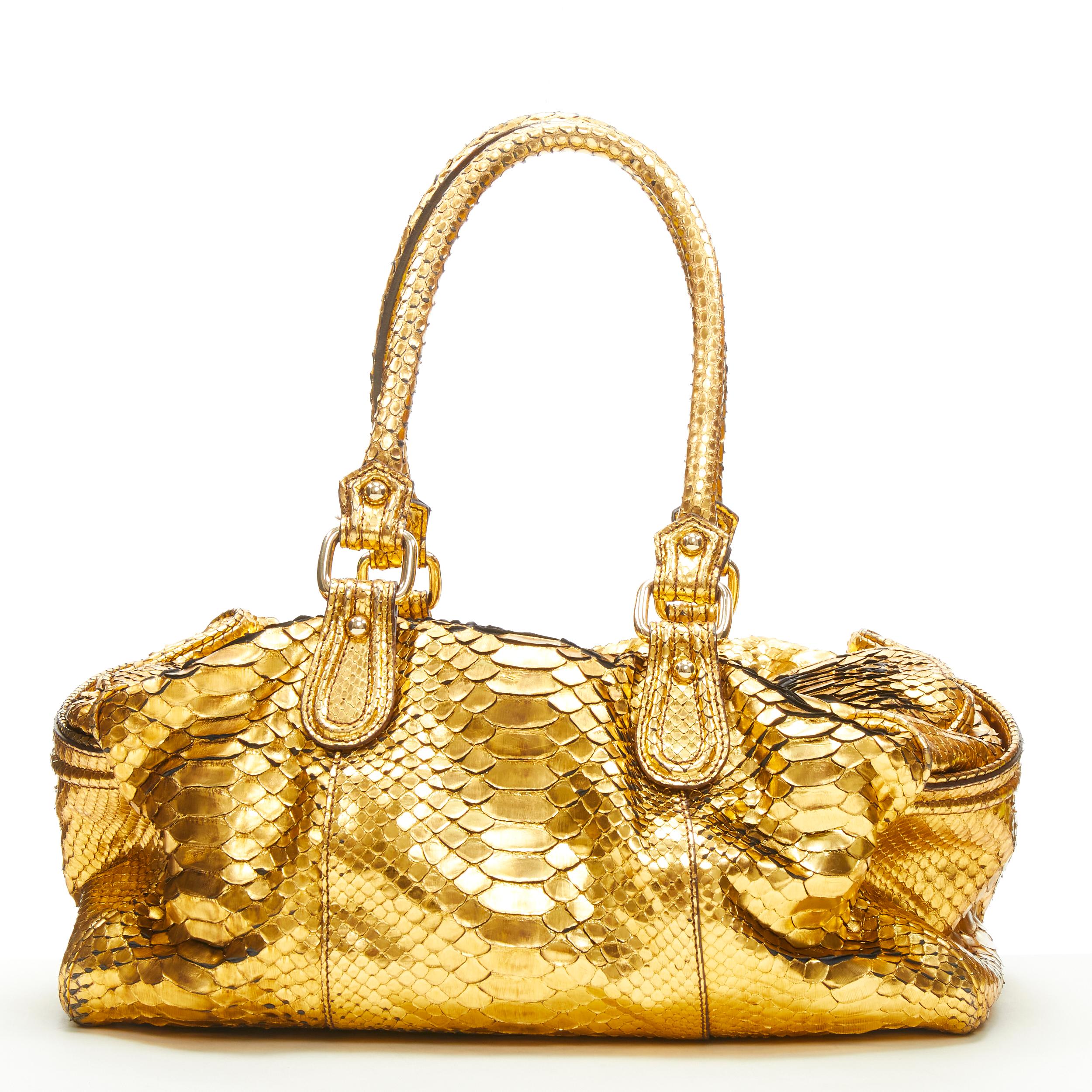 Brown ZAGLIANI metallic gold scaled leather top handle duffel boston bag For Sale