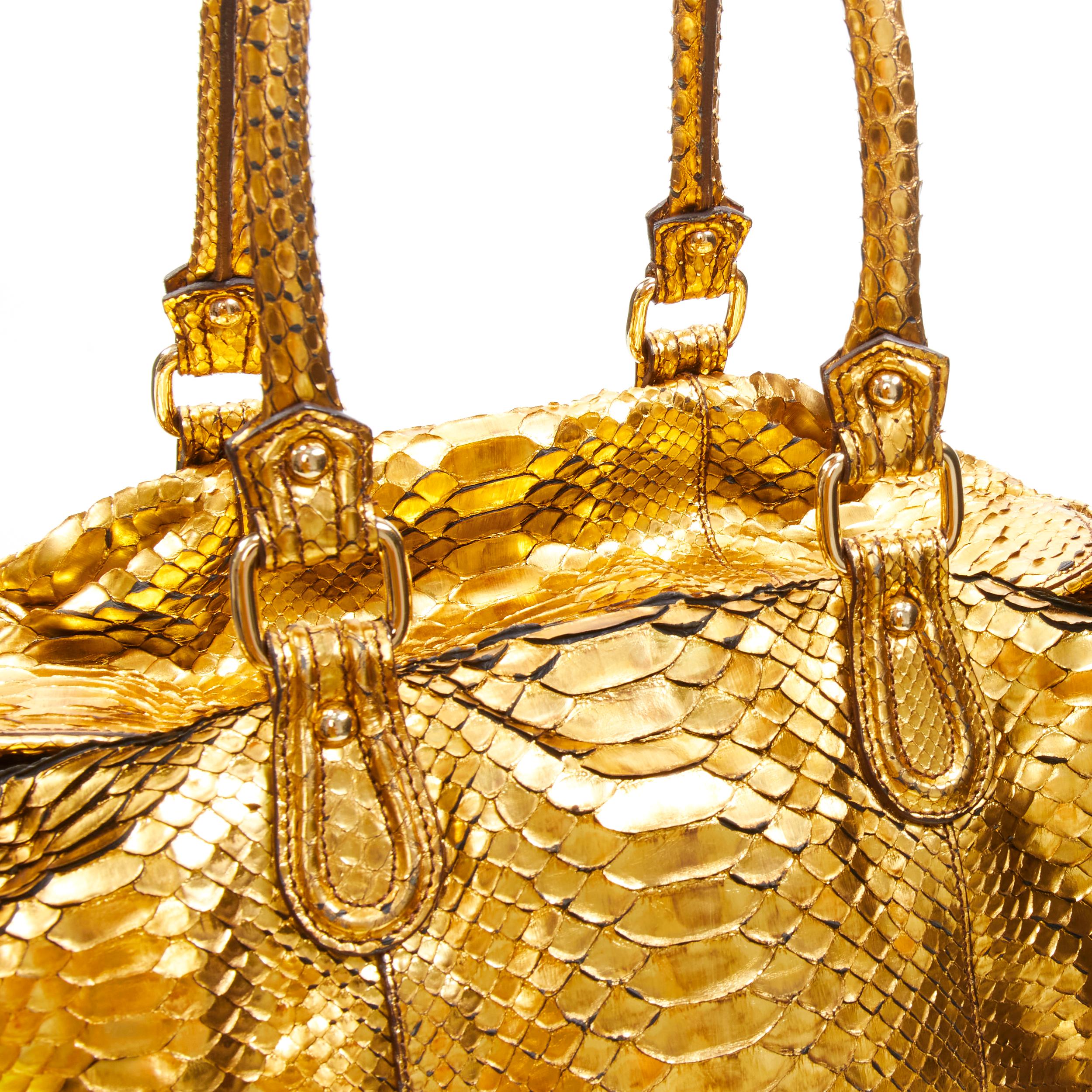 Women's ZAGLIANI metallic gold scaled leather top handle duffel boston bag For Sale