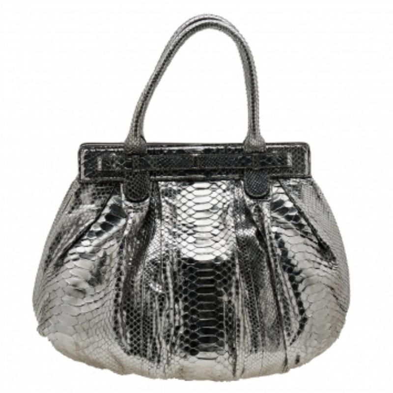 Zagliani Metallic Silver Python Puffy Hobo In Good Condition For Sale In Dubai, Al Qouz 2