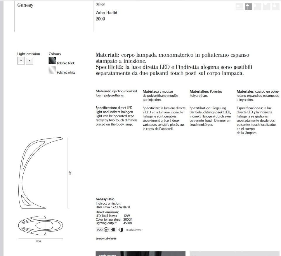 Zaha Hadid, Lampada da terra mod. Genesy per Artemide, 2009 in vendita 6