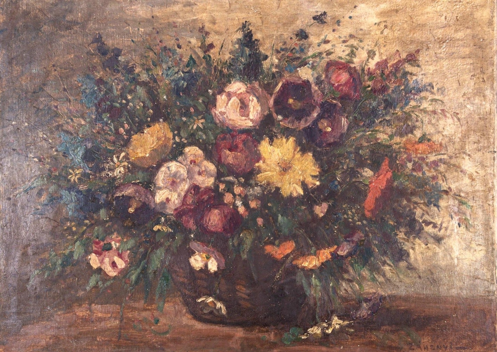 This charming floral arrangement in a wicker basket is painted in dark, rustic tones and expressive brushstrokes. Signed to the lower right. On board.