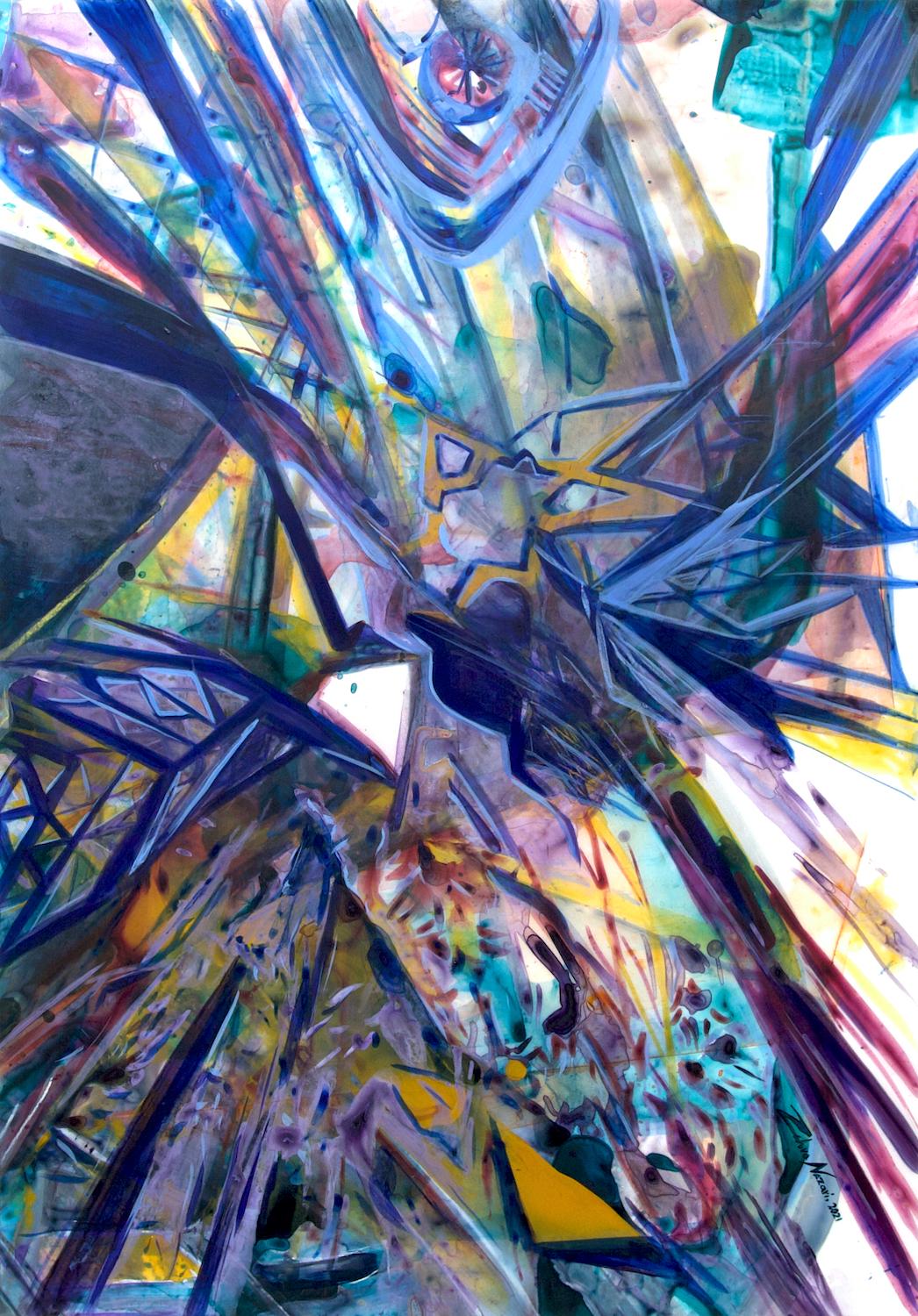 Zahra Nazari Abstract Painting - Dance of Colors, architectural abstract jewel tones based on La Sagrada Familia 