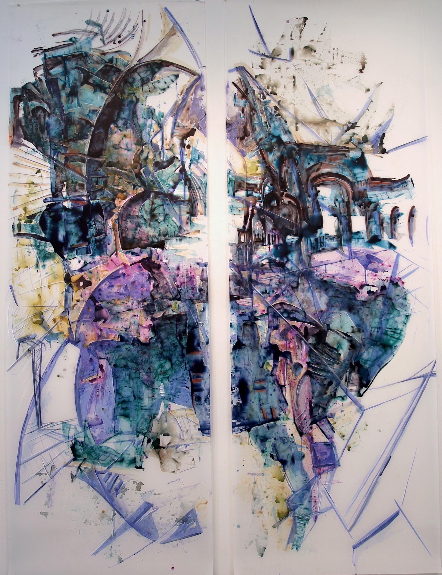Zahra Nazari Abstract Painting - "Dream Palace" weaves architectural, linear and organic forms in violet and blue