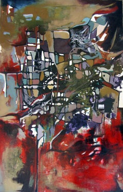 “Mapping”, an aerial view with geometric shapes in reds, violets and golds