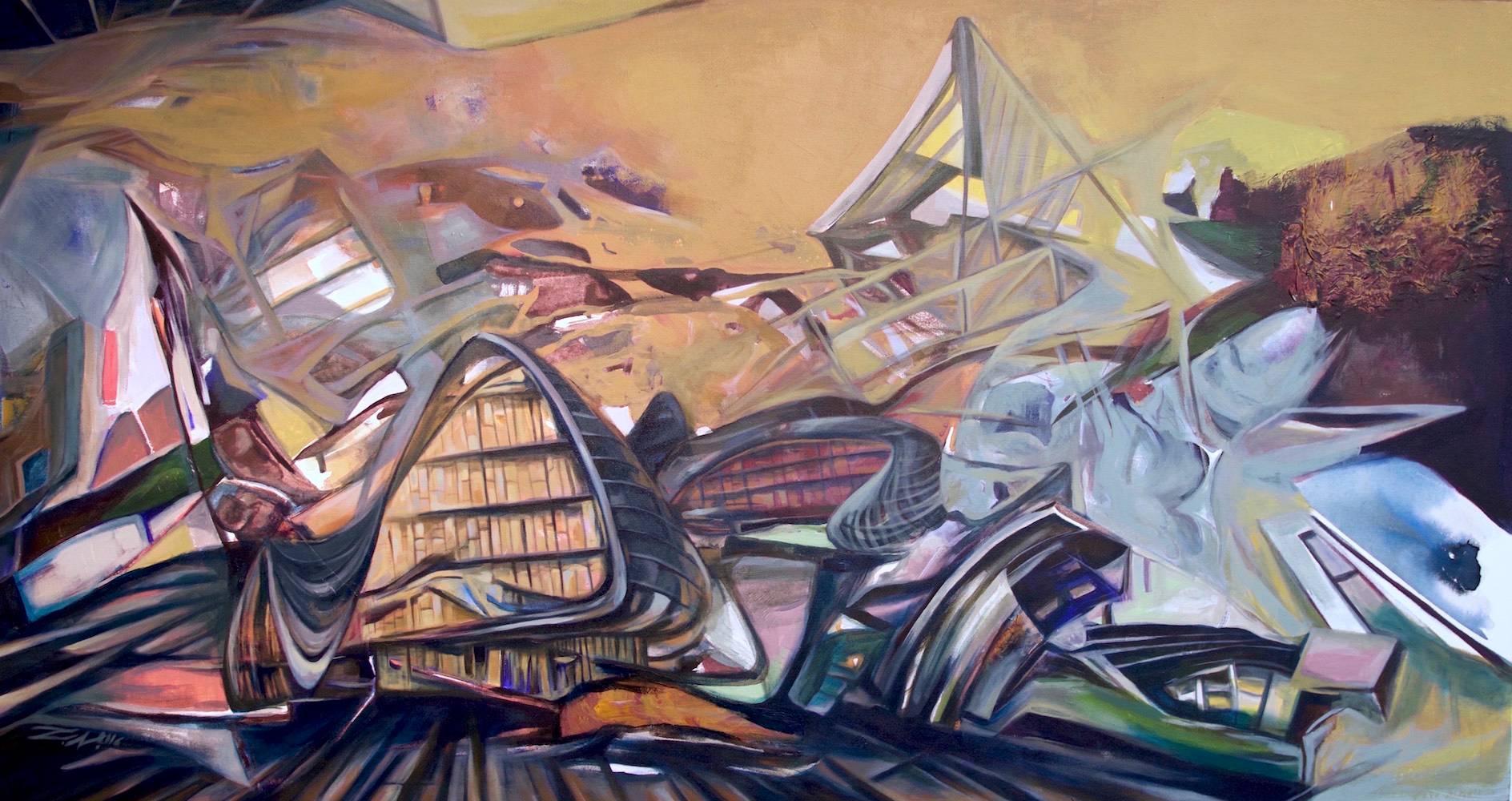 "Urban Landscape" sweeping architecture in pinks and golds  - Painting by Zahra Nazari