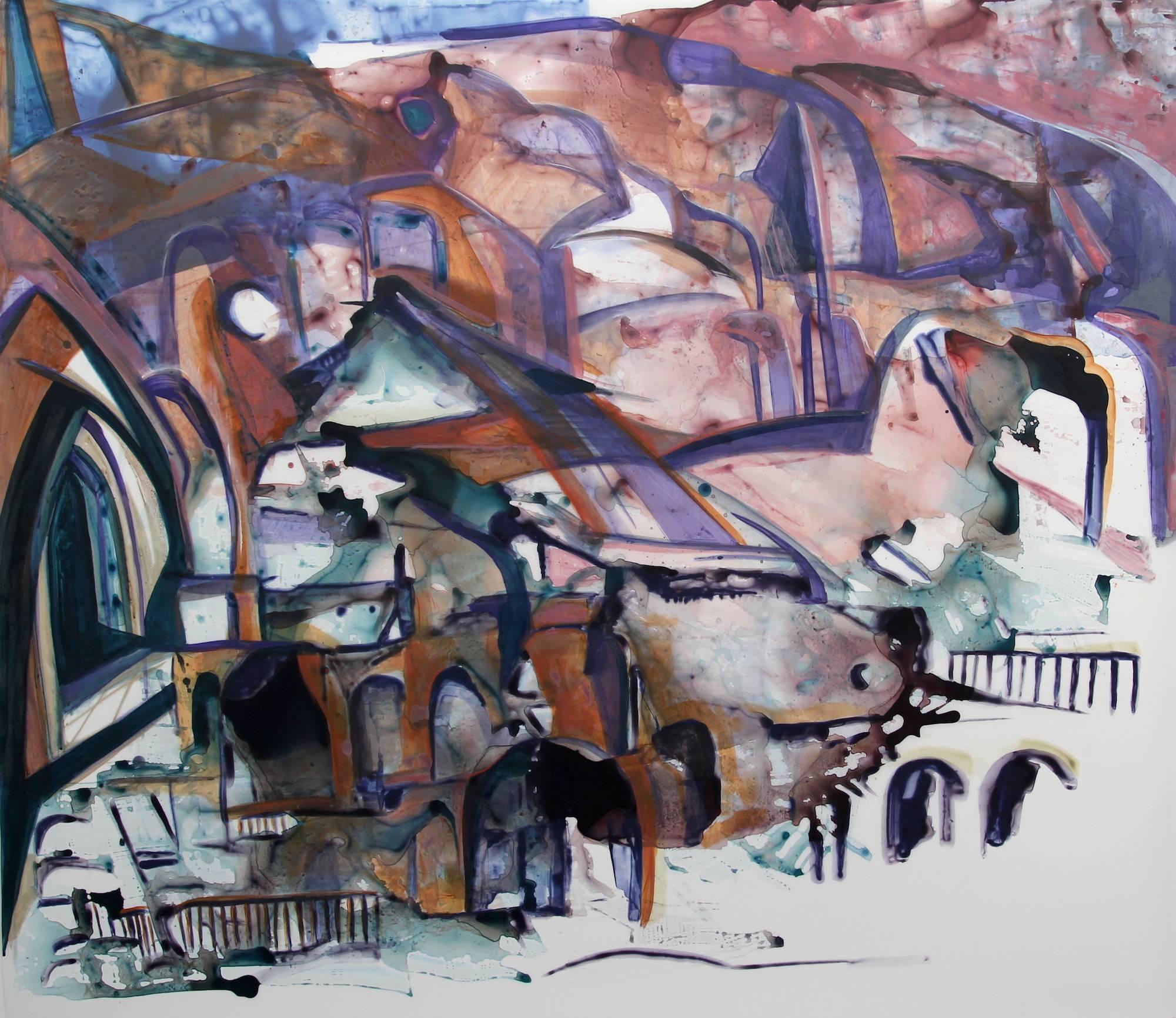 Zahra Nazari Abstract Drawing - "Village", a hamlet in the mountains, abstracts architecture in pinks an violets