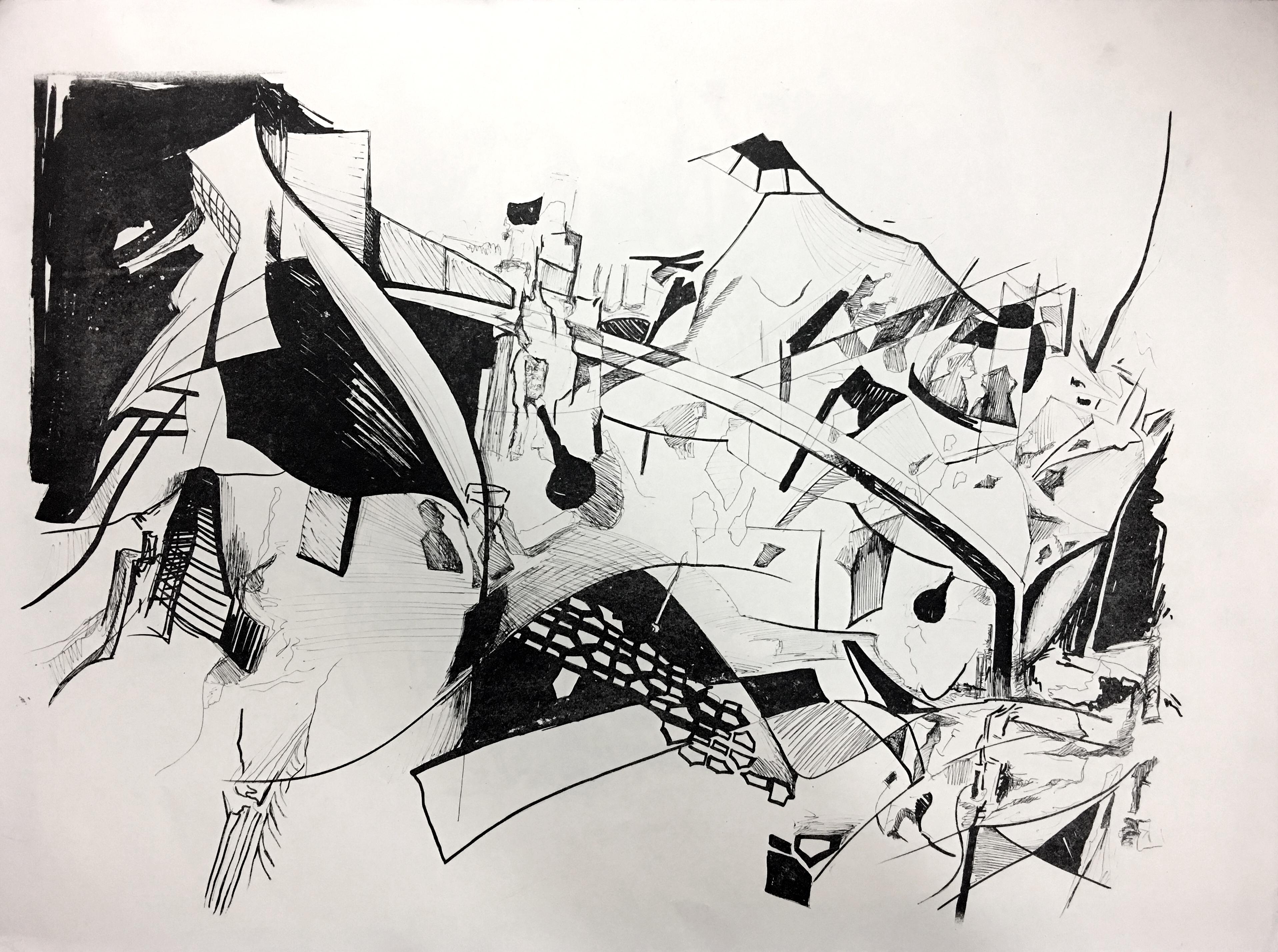 Zahra Nazari Abstract Print - "Journey number 3" abstracts a lively Persian bazaar in black and white
