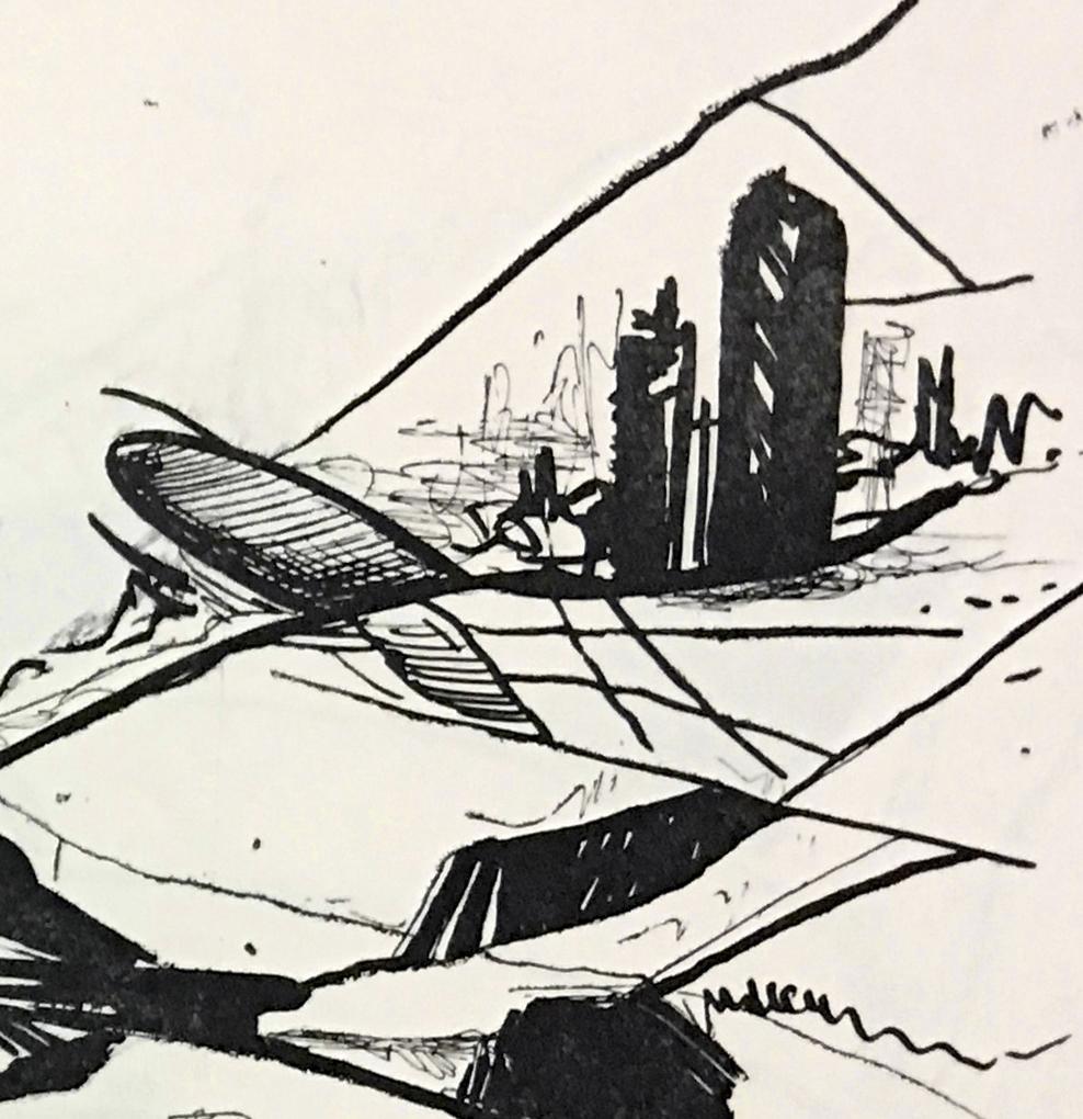 “Journey” in black and white with graphic drawing depicts an aerial city view - Abstract Print by Zahra Nazari
