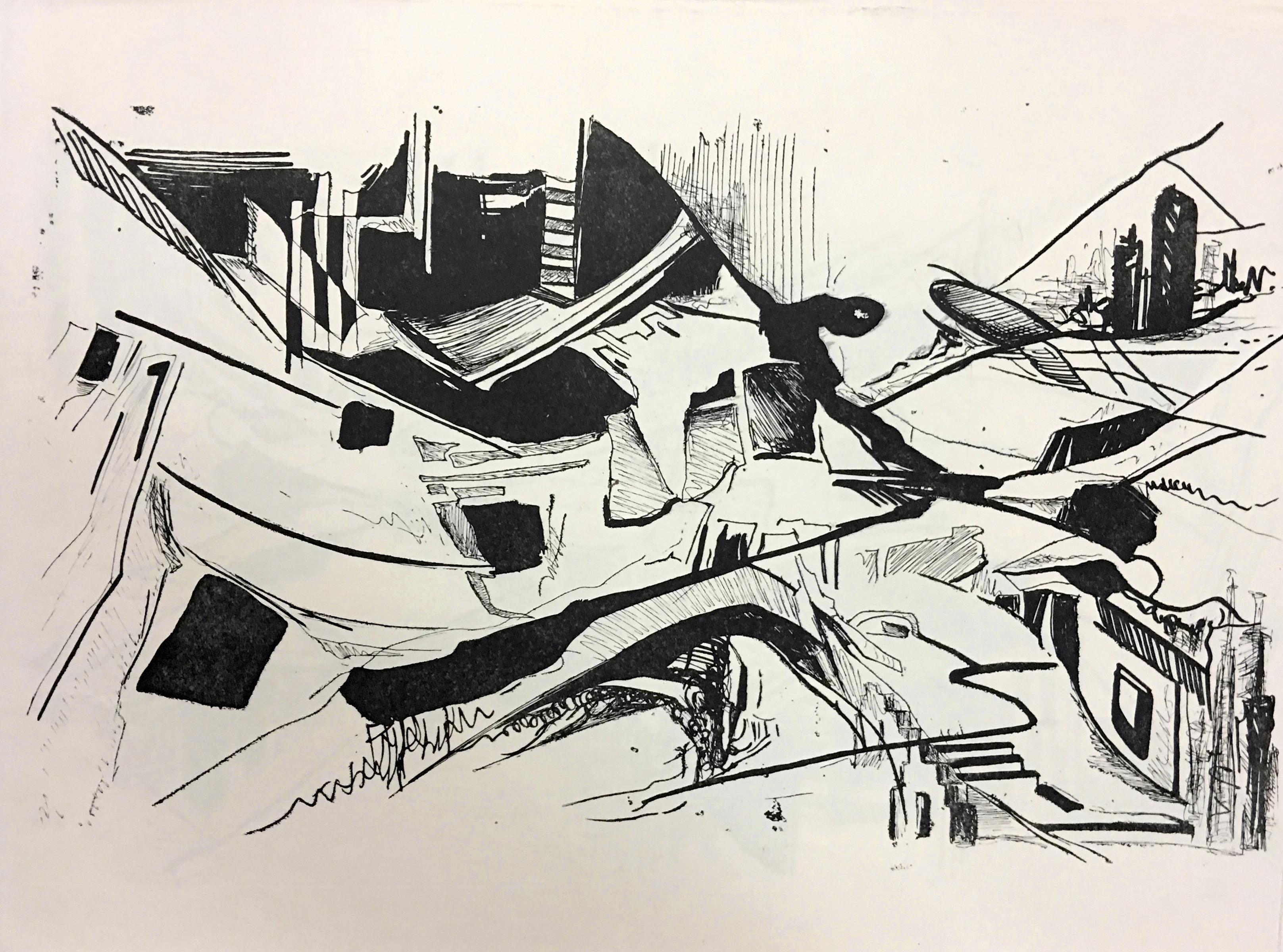 Zahra Nazari Abstract Print - “Journey” in black and white with graphic drawing depicts an aerial city view