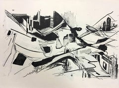 “Journey” in black and white with graphic drawing depicts an aerial city view