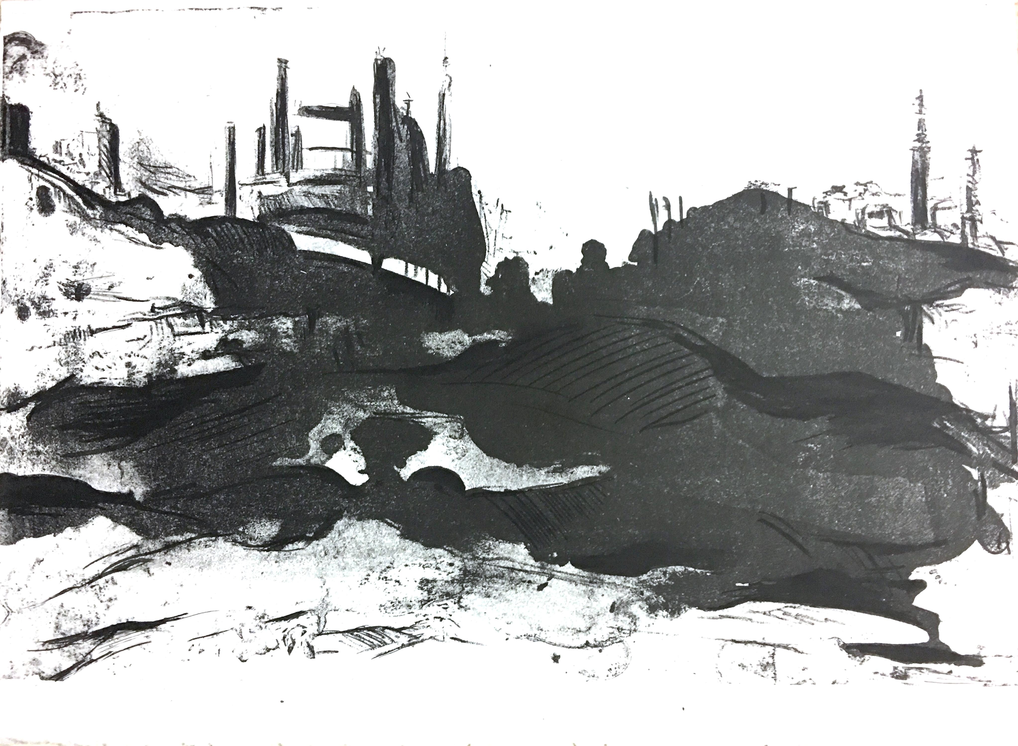 Zahra Nazari Abstract Drawing - “Landscape number 11” black and white landscape abstracts a distant city view 