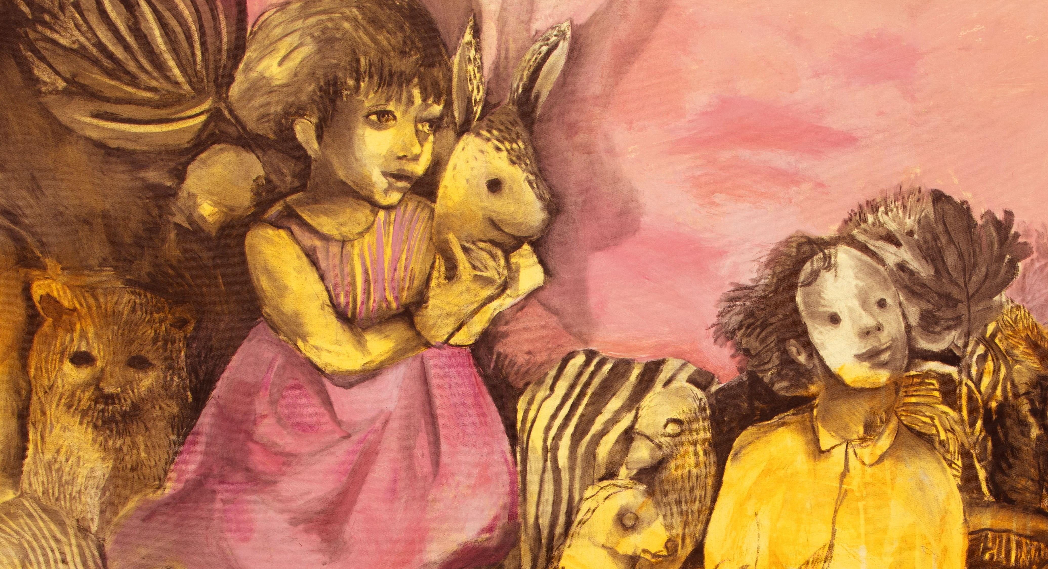 Masque #1 Zahra Zeinali Peinture contemporaine Femme artiste iranienne art couleur rose en vente 1