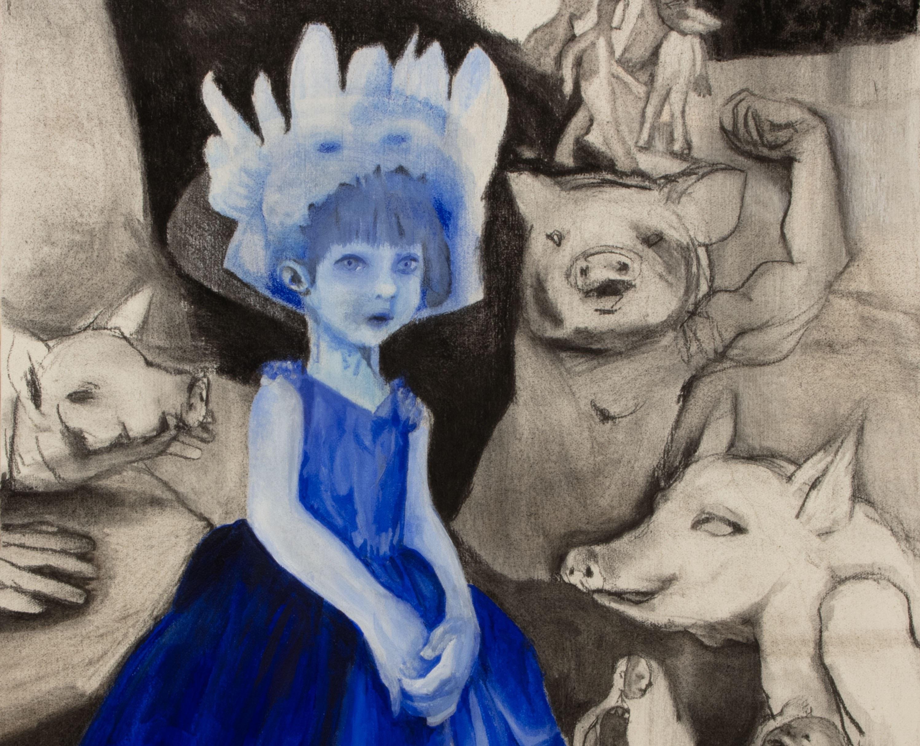 Masque #2 Zahra Zeinali Peinture contemporaine Artiste iranienne art animal cochon bleu en vente 1