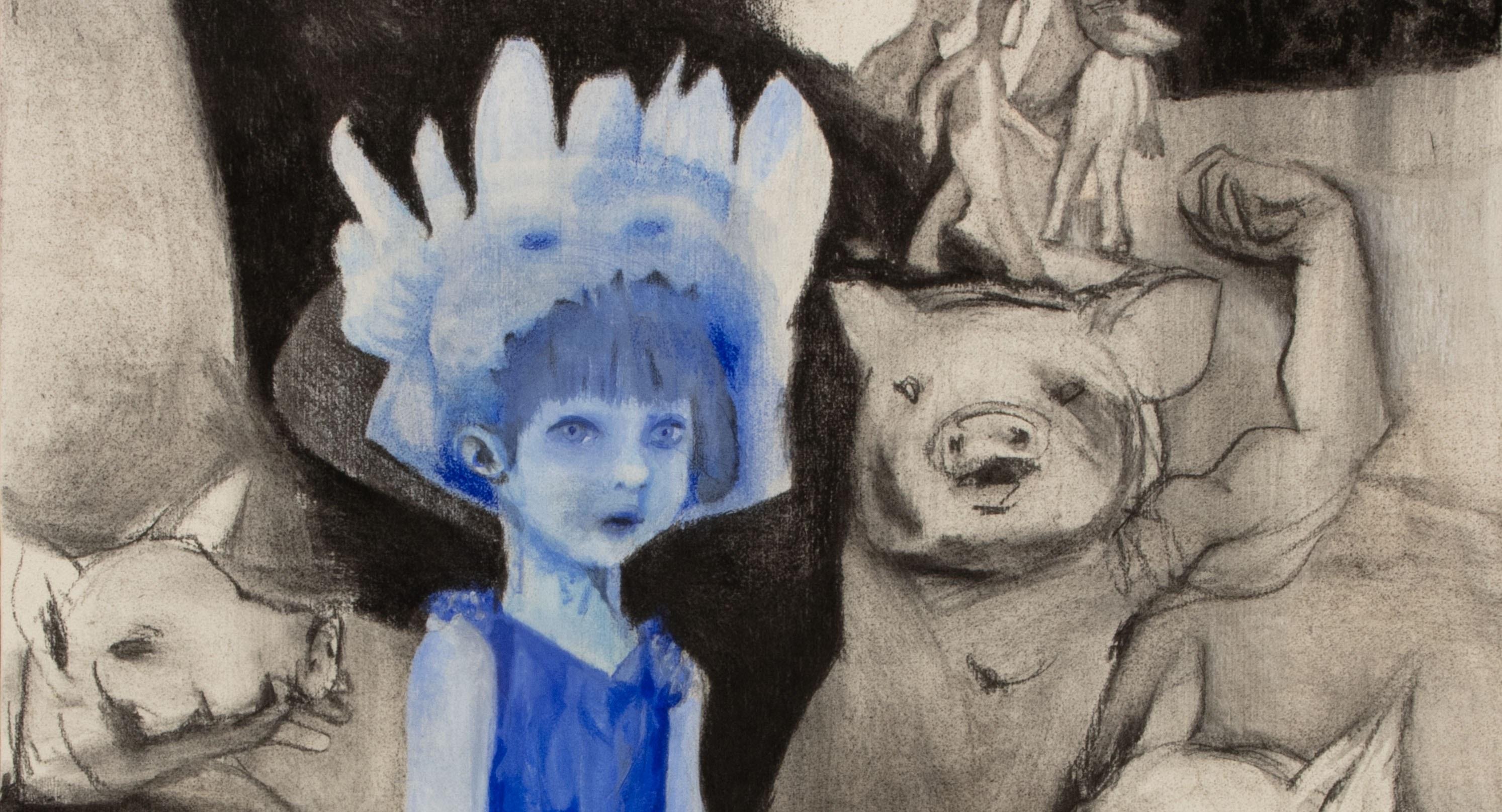 Masque #2 Zahra Zeinali Peinture contemporaine Artiste iranienne art animal cochon bleu en vente 3