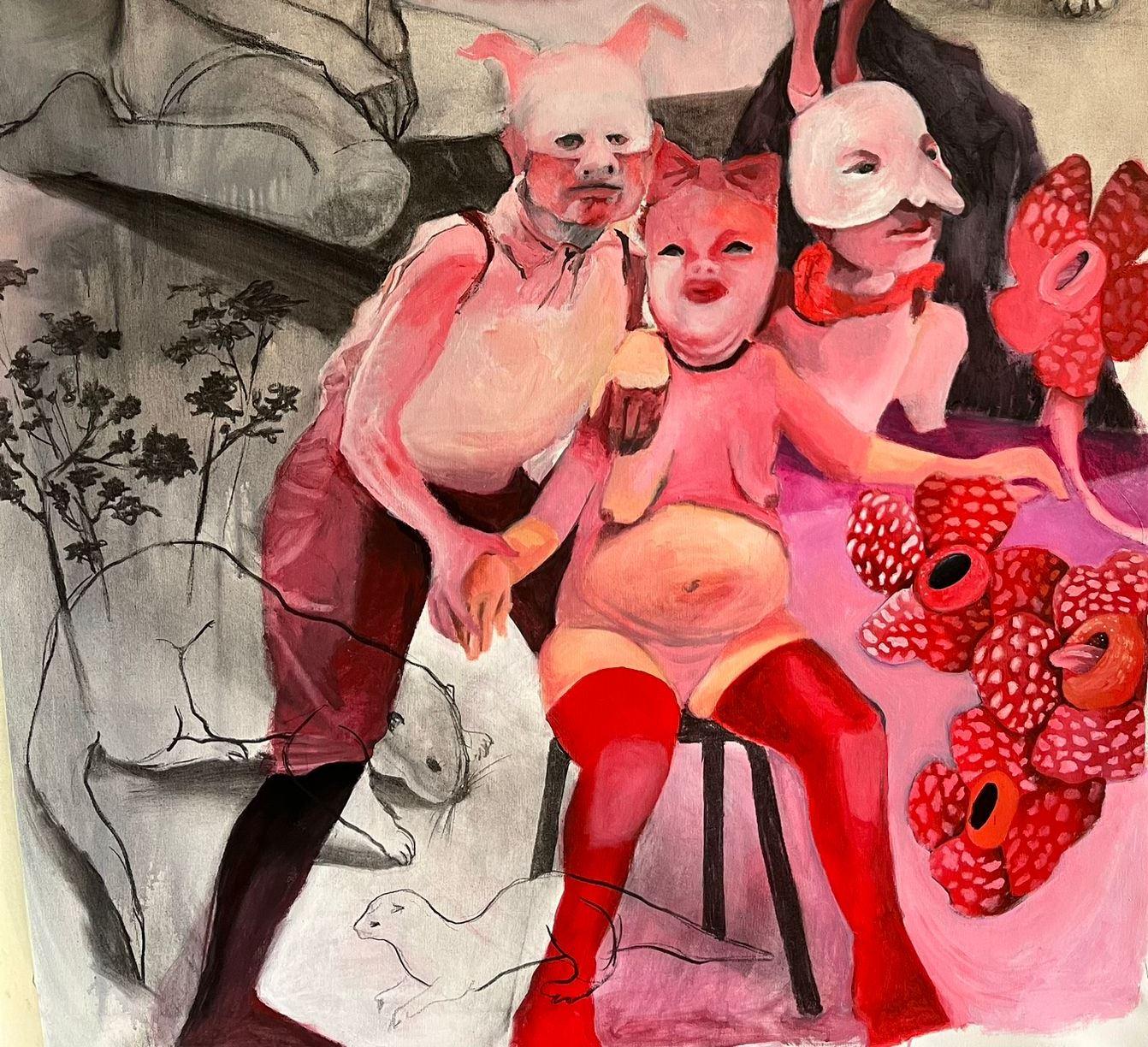 Máscara nº 5 Zahra Zeinali Pintura contemporánea Artista iraní arte muñeca niña rosa en venta 1