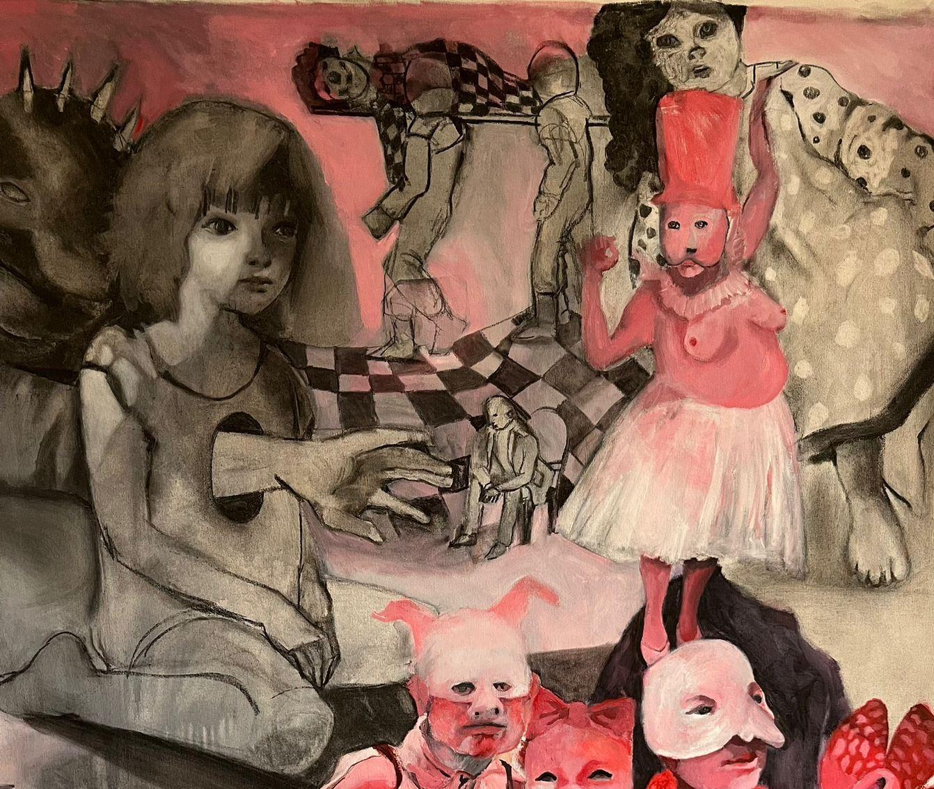 Máscara nº 5 Zahra Zeinali Pintura contemporánea Artista iraní arte muñeca niña rosa en venta 2