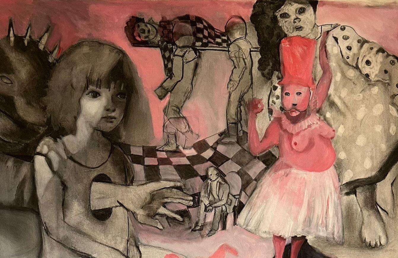 Máscara nº 5 Zahra Zeinali Pintura contemporánea Artista iraní arte muñeca niña rosa en venta 3