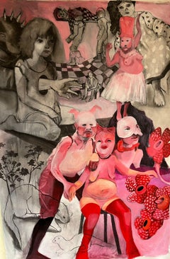 Maschera #5 Zahra Zeinali Pittura contemporanea Artista iraniana Arte bambola bambina rosa