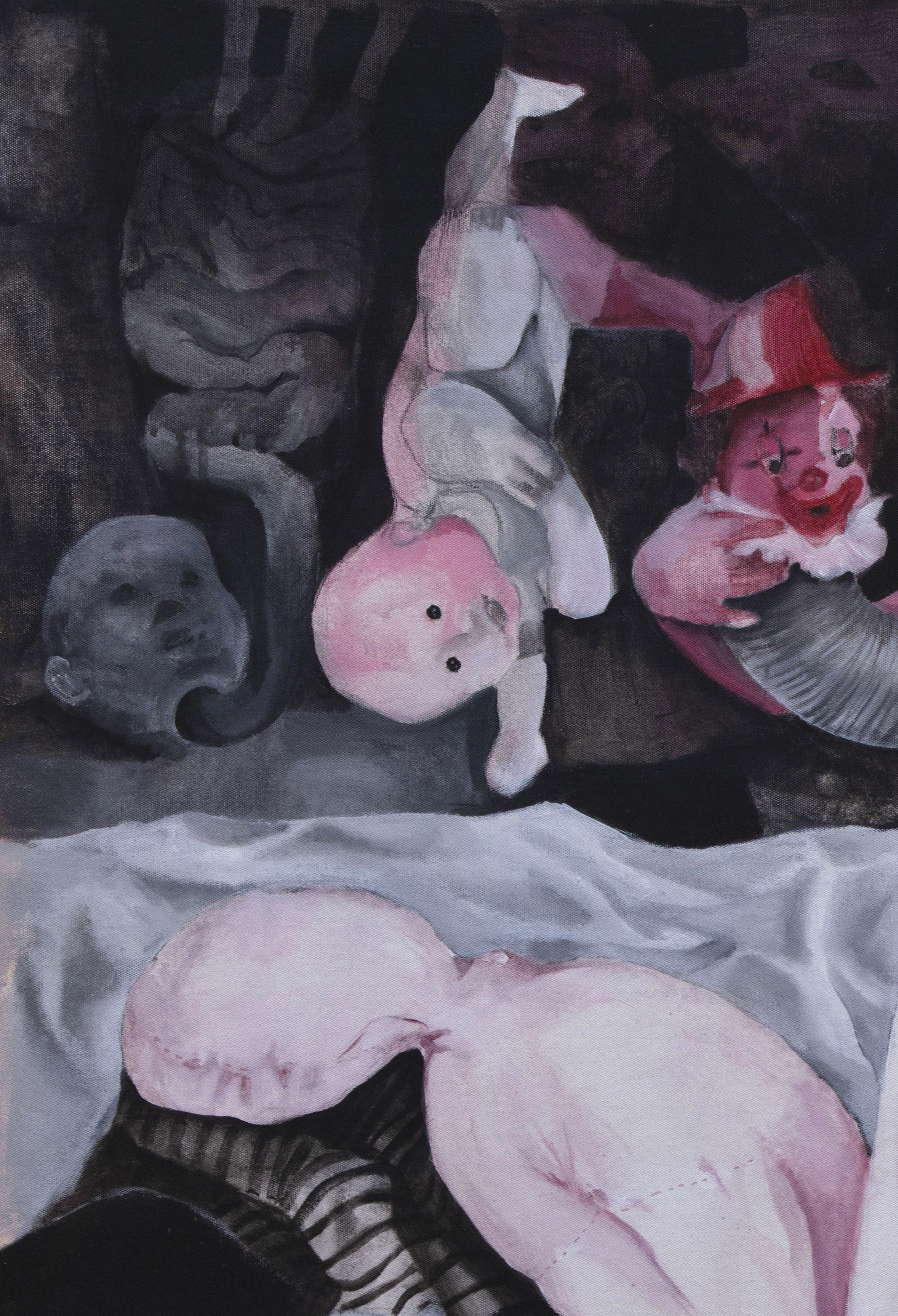 REM #6 Zahra Zeinali Siglo XXI Pintura iraní mundo infantil muñeca rosa en venta 3